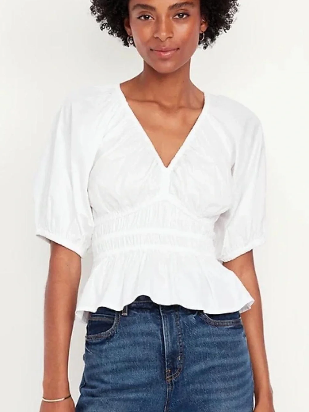 Abercrombie & Fitch White V-Neck Smocked Peplum Top